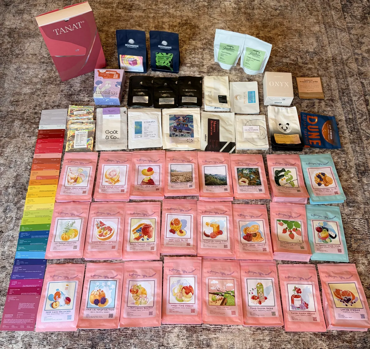 All the coffee bags from 2025 laid out